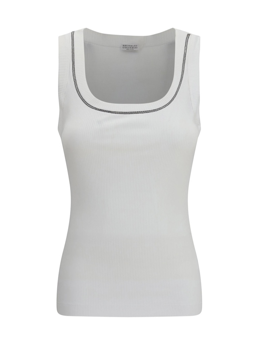 Brunello Cucinelli White Ribbed Scoop Tank with Silver Trim